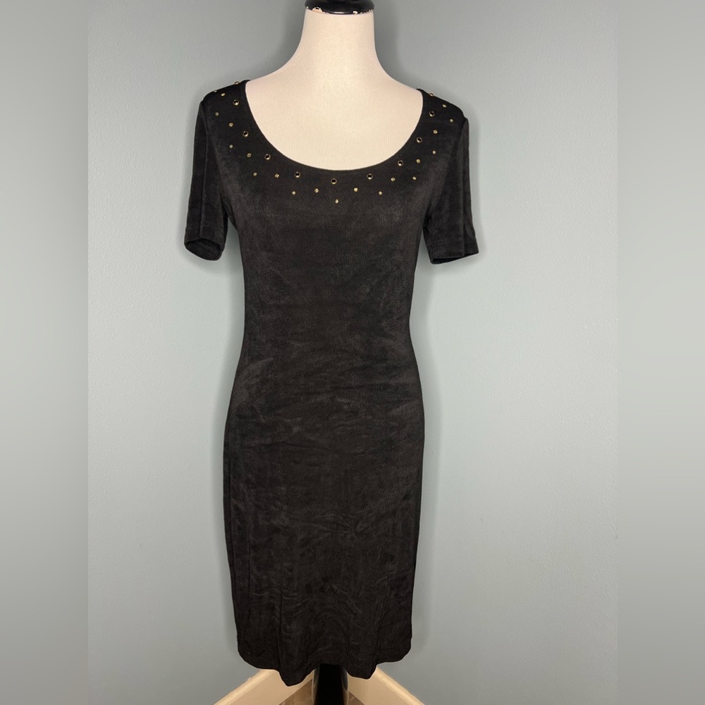 Joseph Ribkoff Stretchy Little Black Dress Scoop Neck with Gold grommet trim